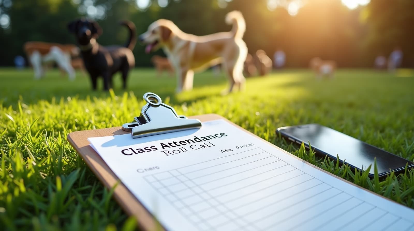 A printed class roll-call sheet on a clipboard beside a phone showing a tidy roster