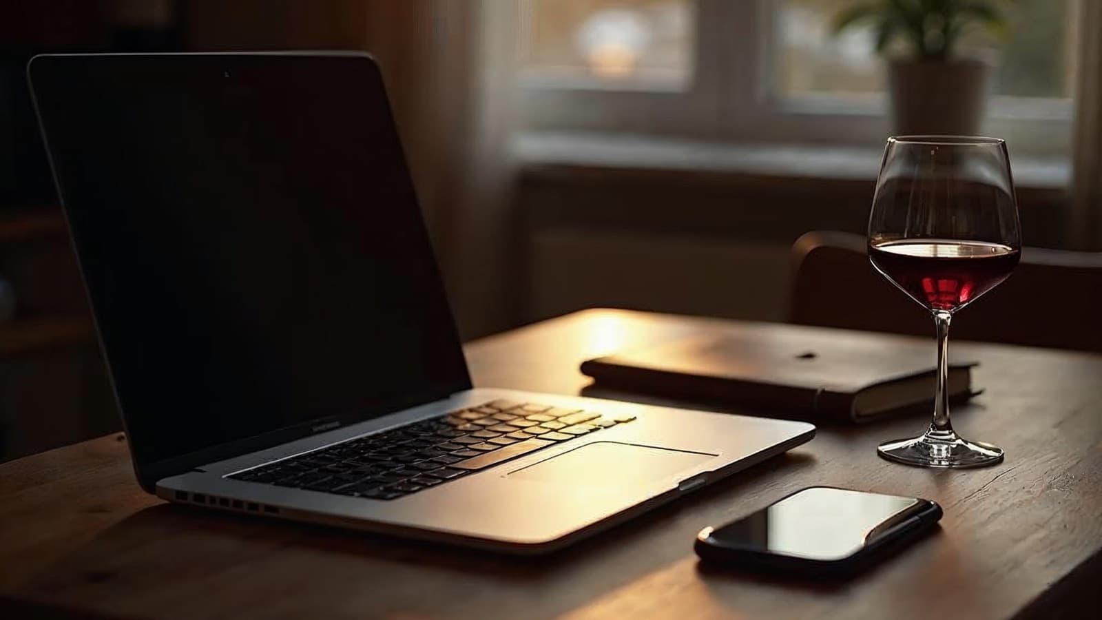 A laptop, phone, and notepad on a kitchen table at dusk