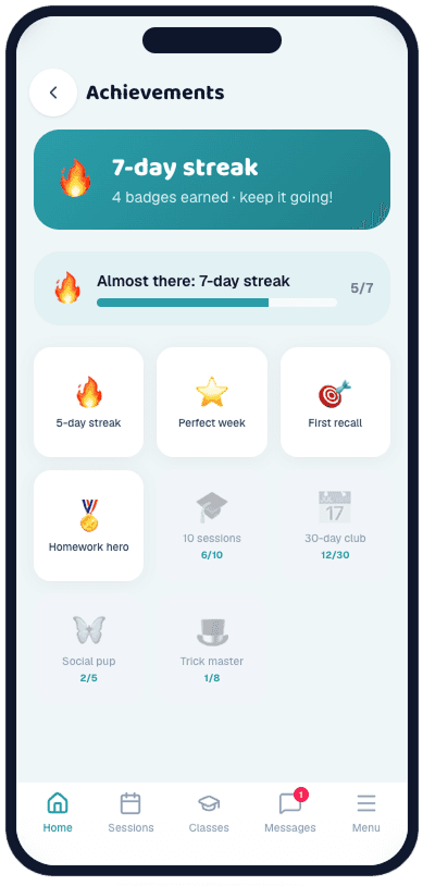 Achievements — a 7-day streak, progress to the next badge, and a trophy room of earned and in-progress badges