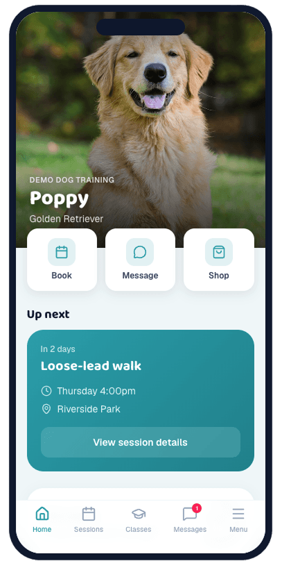 Client app home — Poppy's photo, Book/Message/Shop, next session and homework