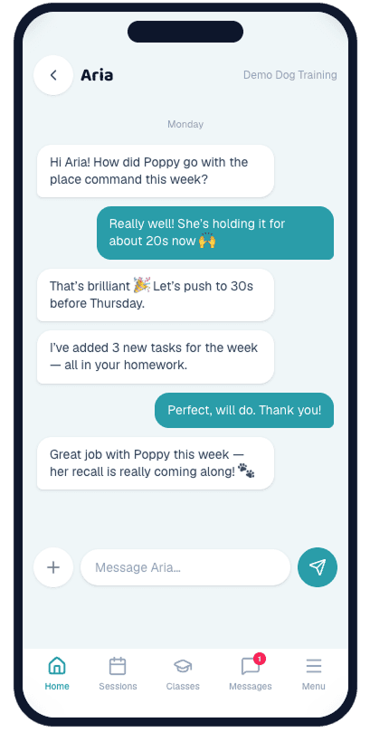 Client chat thread with the trainer — checking in on the week’s homework and progress