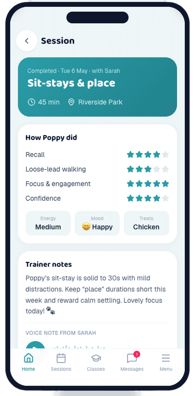 Session detail — star ratings for each skill, energy/mood/treats, trainer notes and a voice note