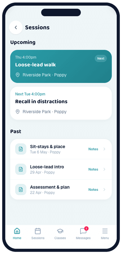 Sessions list — an upcoming loose-lead walk and recall session, with past sessions and their notes below