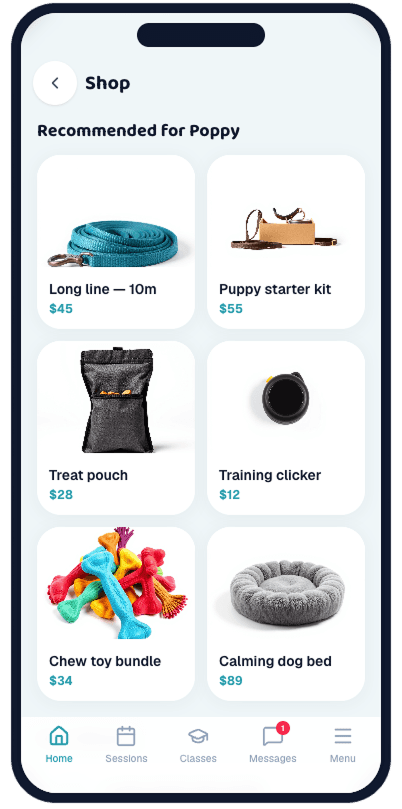 Shop — products recommended for Poppy: a long line, puppy starter kit, treat pouch, clicker, chew toys and a calming bed, each with a price
