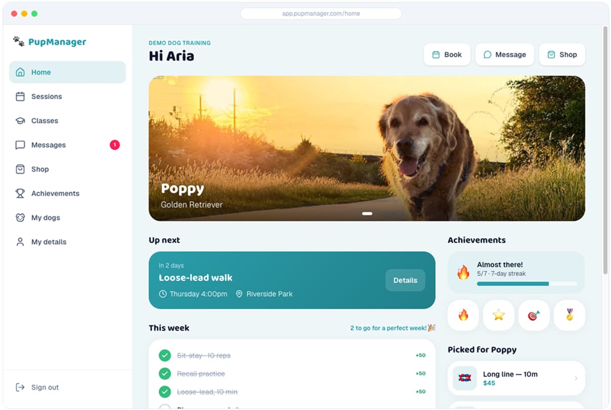 The client app on desktop at app.pupmanager.com — left sidebar nav and a two-column home with the dog hero, up-next session, this week’s homework and achievements