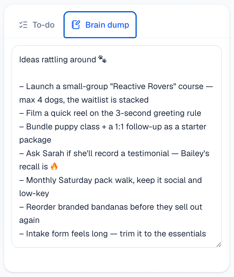 Brain dump on the dashboard — a free-form list of business ideas a dog trainer has jotted down between sessions