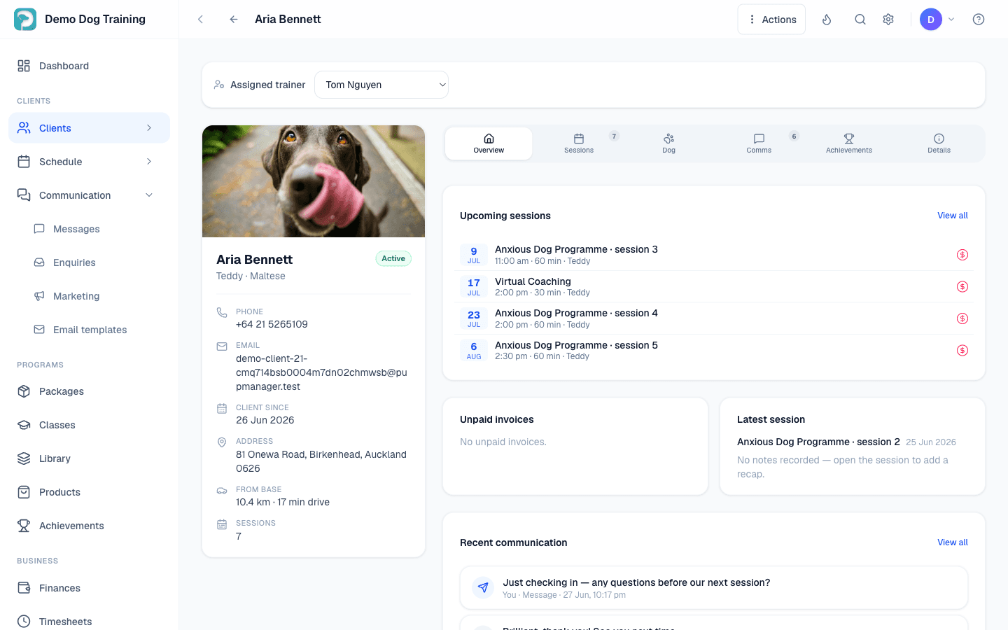 Client profile — the dog’s photo and details, upcoming and past sessions, recent communication and assigned trainer all on one screen