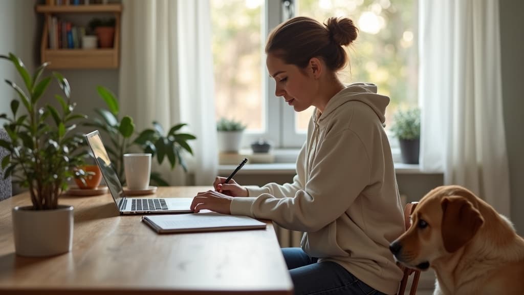 A dog trainer at her desk with a laptop and notebook, planning her week, her dog resting beside her