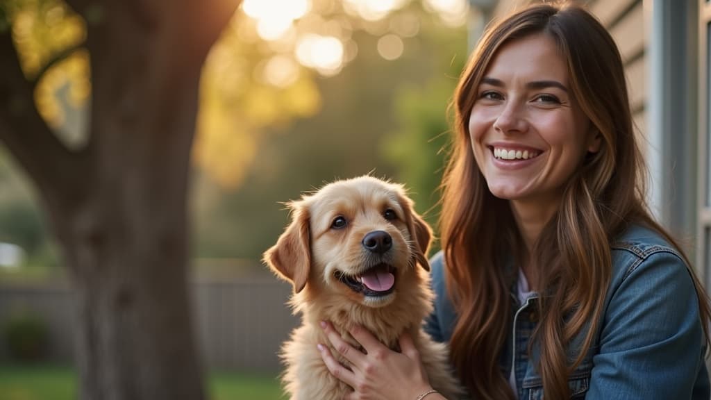 A dog trainer warmly greeting a client and their small dog on a front porch
