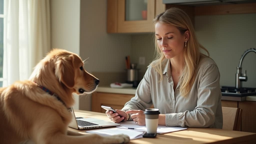 A dog trainer at a kitchen table sorting invoices on a laptop, a coffee and her dog beside her