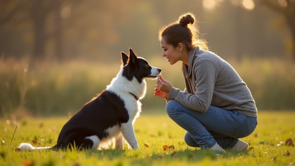 A dog trainer teaching a border collie a skill with a clicker and treats on a training field