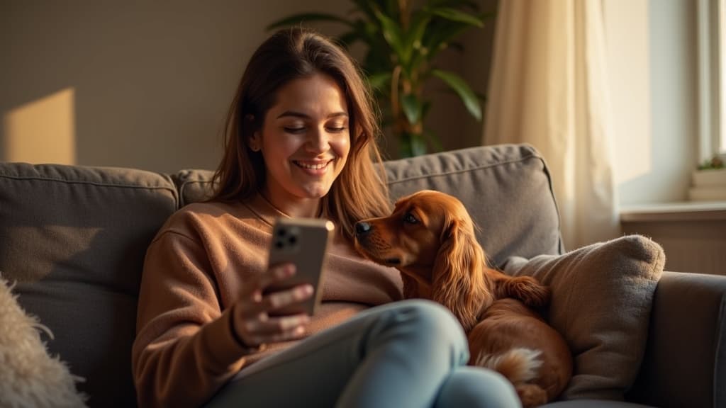 A dog trainer posting an update from her phone on the sofa, a spaniel snuggled beside her