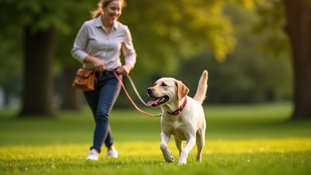 A dog trainer running a session with a happy labrador on a loose lead in a green park