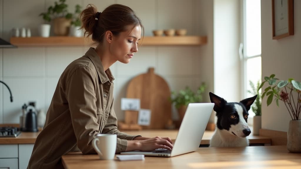 A dog trainer reviewing her week on a laptop in a bright kitchen, her dog nearby