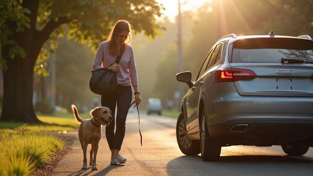 A dog trainer stepping out of her car for an in-home visit, training bag and a dog on a lead