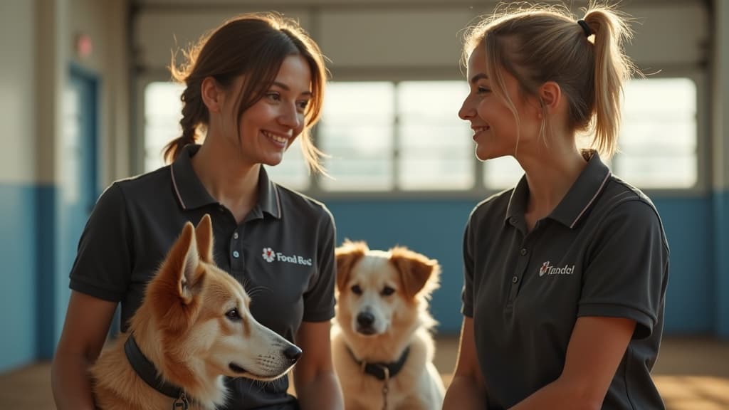 Two dog trainers in branded shirts comparing notes between sessions at a training facility