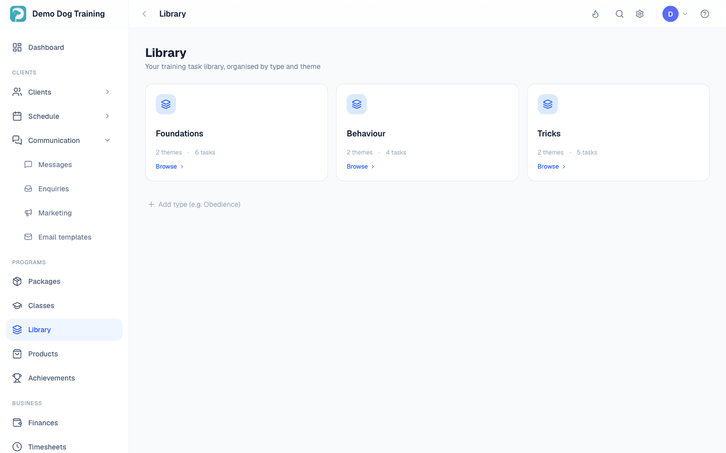 Training library — tasks organised into Foundations, Behaviour and Tricks, each with themes and task counts