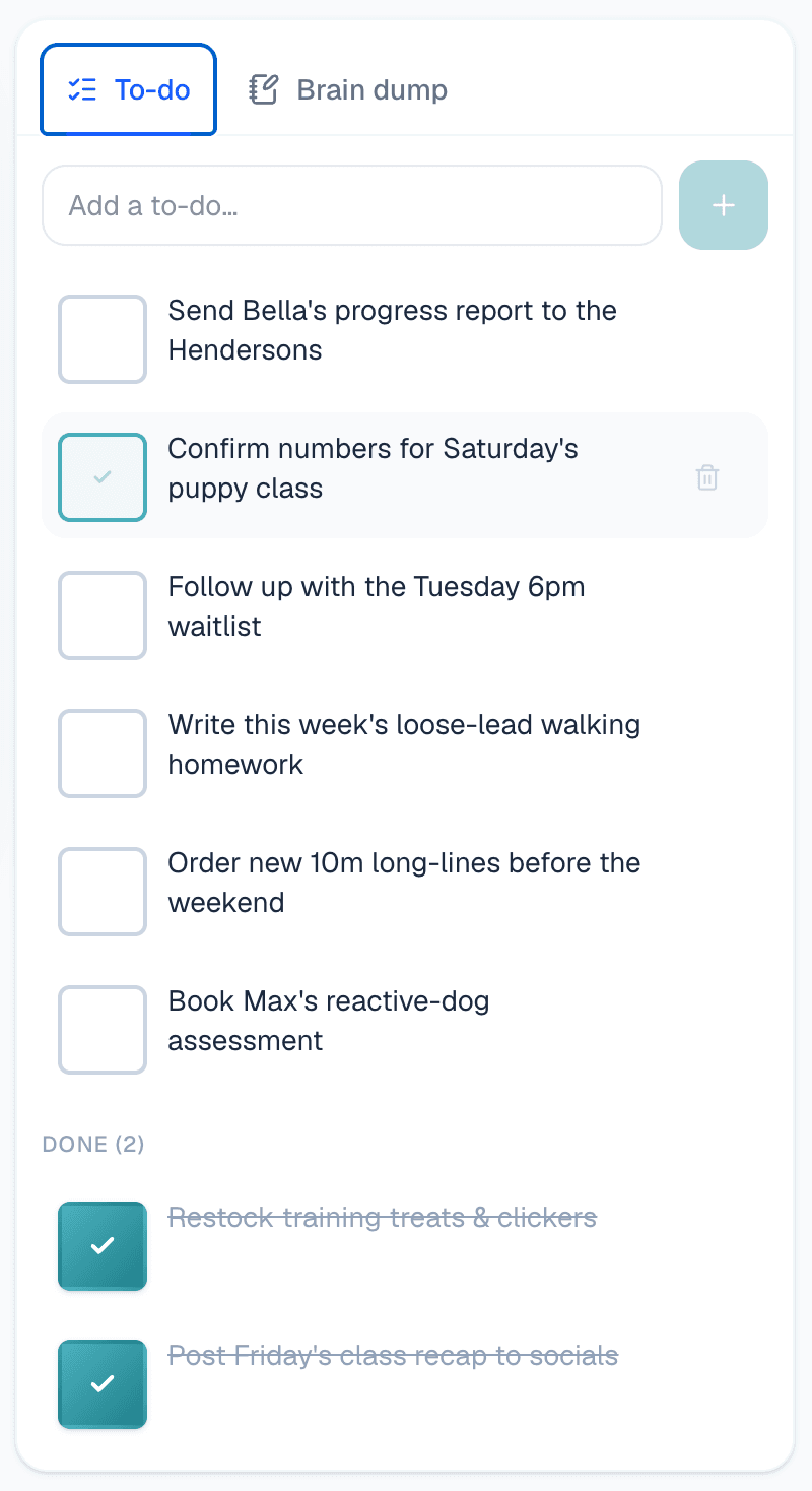 To-do list on the dashboard — tasks like sending a progress report and confirming class numbers, with completed items collected under Done