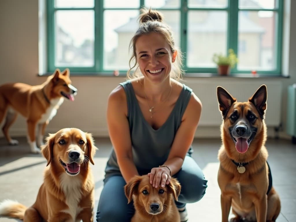 A daycare handler crouching among four relaxed dogs in a bright indoor daycare room