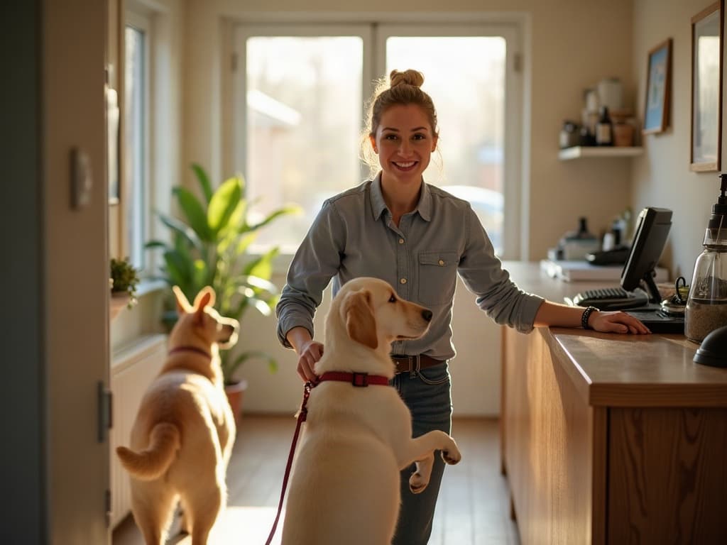 Morning drop-off at a daycare reception desk, a handler taking a labrador from its owner