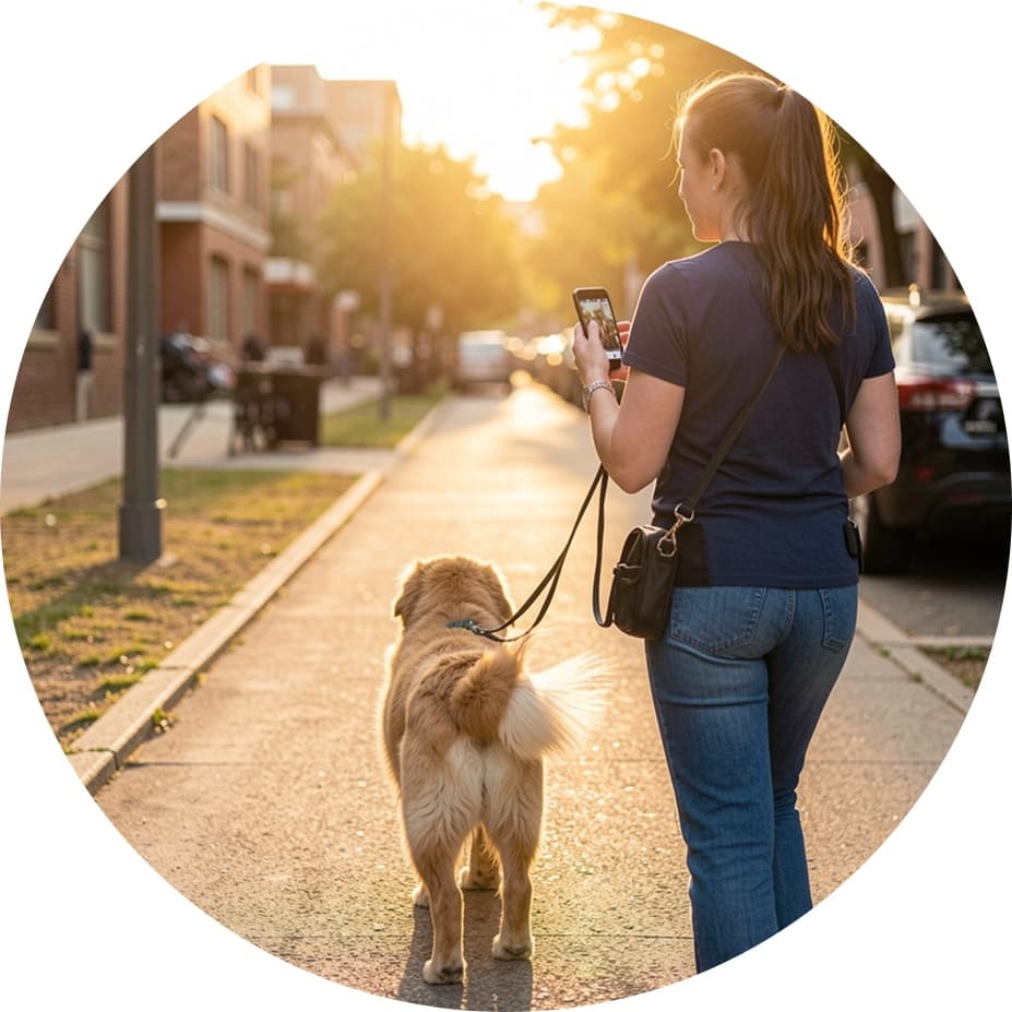 Dog trainer walking a golden retriever and capturing a video on her phone at sunset