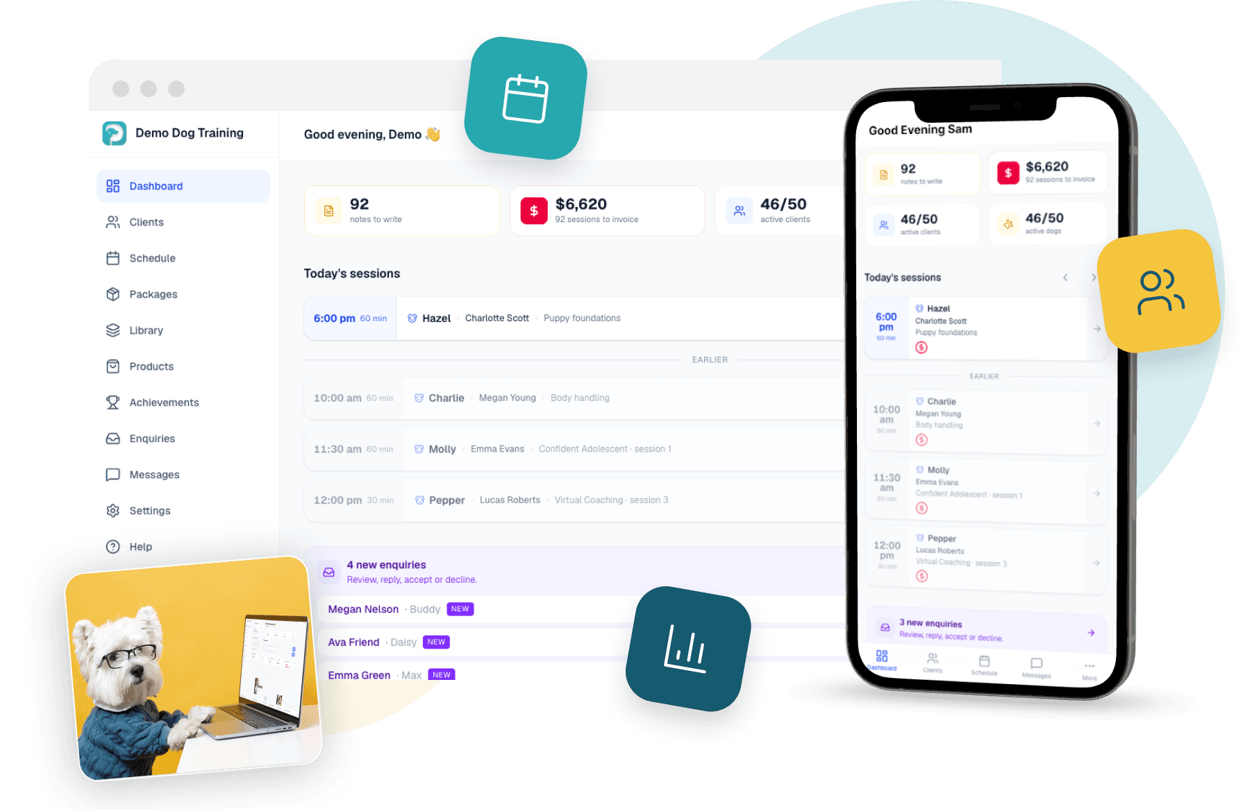 PupManager trainer dashboard and client app — today's sessions, schedule, and progress