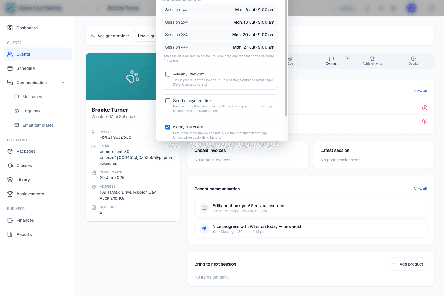 Assigning a package: proposed sessions with dates, invoice and payment-link options