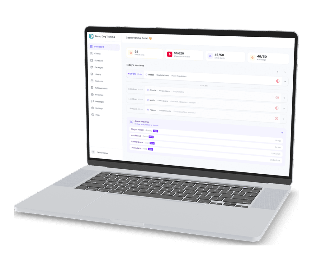 Trainer dashboard on a laptop — today's sessions, revenue summary, active clients and new enquiries, with callouts for clients to invoice, sessions today and new enquiries