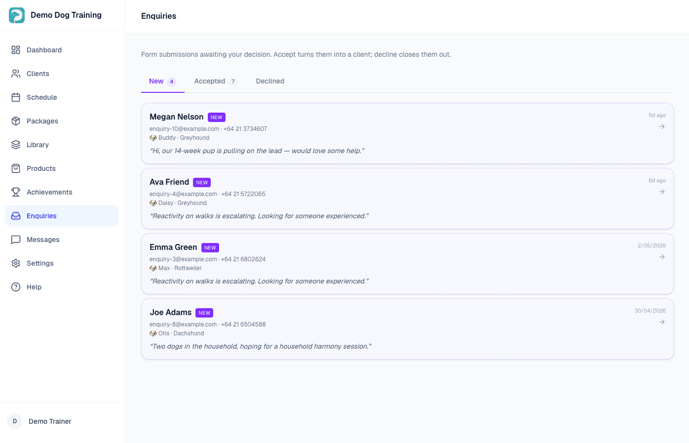 New enquiries inbox — dog name, breed, and a one-line message ready to accept or decline