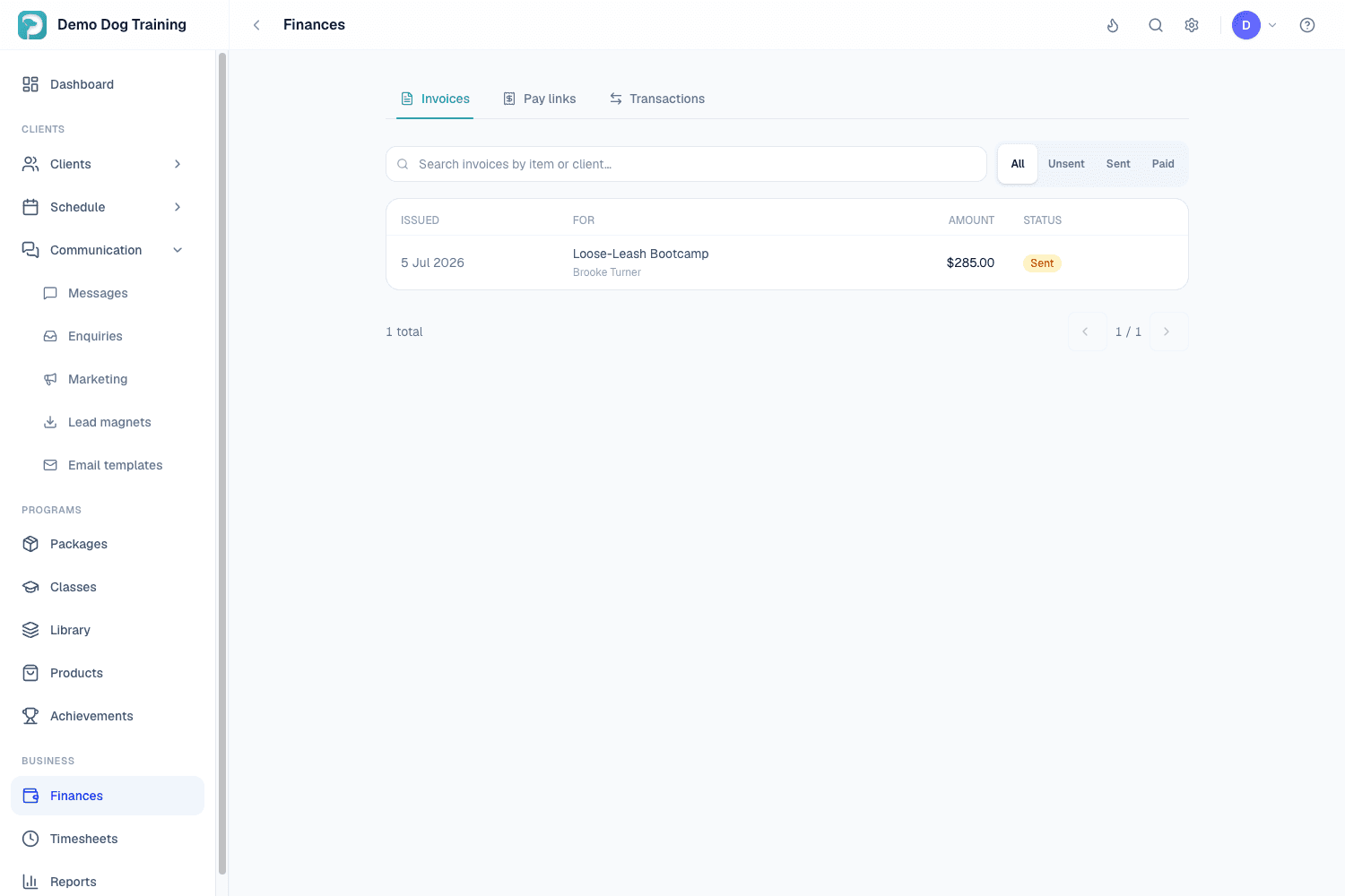 Finances: the invoices list with statuses, created automatically from packages