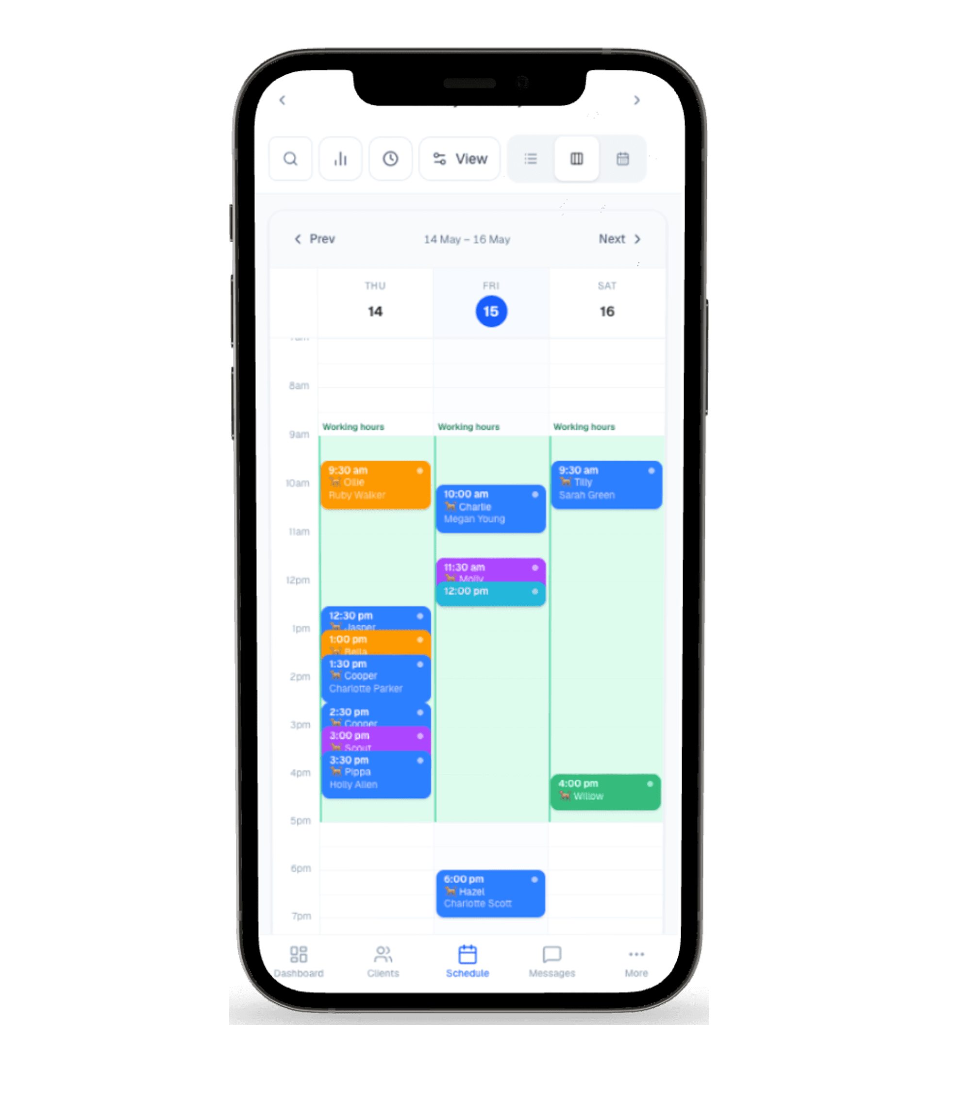 PupManager week calendar on a phone — colour-coded sessions and class bookings with detail callouts