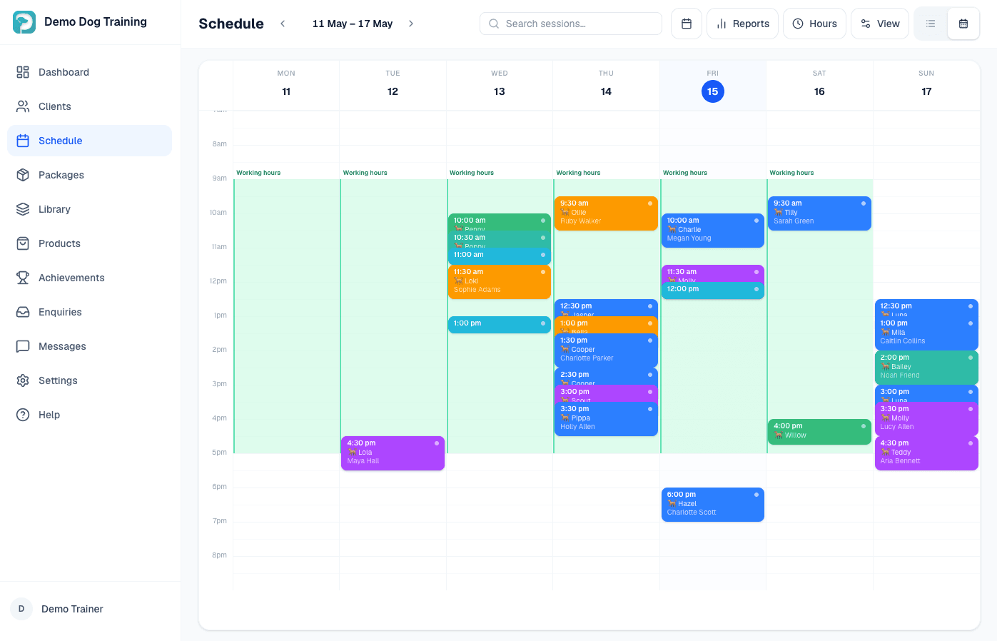 Trainer schedule — full week with colour-coded sessions, group classes and working hours
