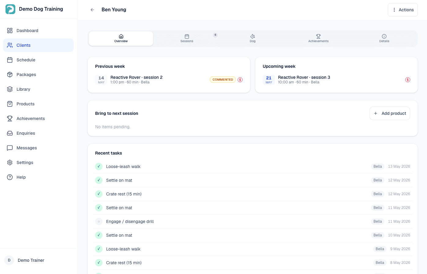 Client overview — previous and upcoming sessions with recent training tasks ticked off