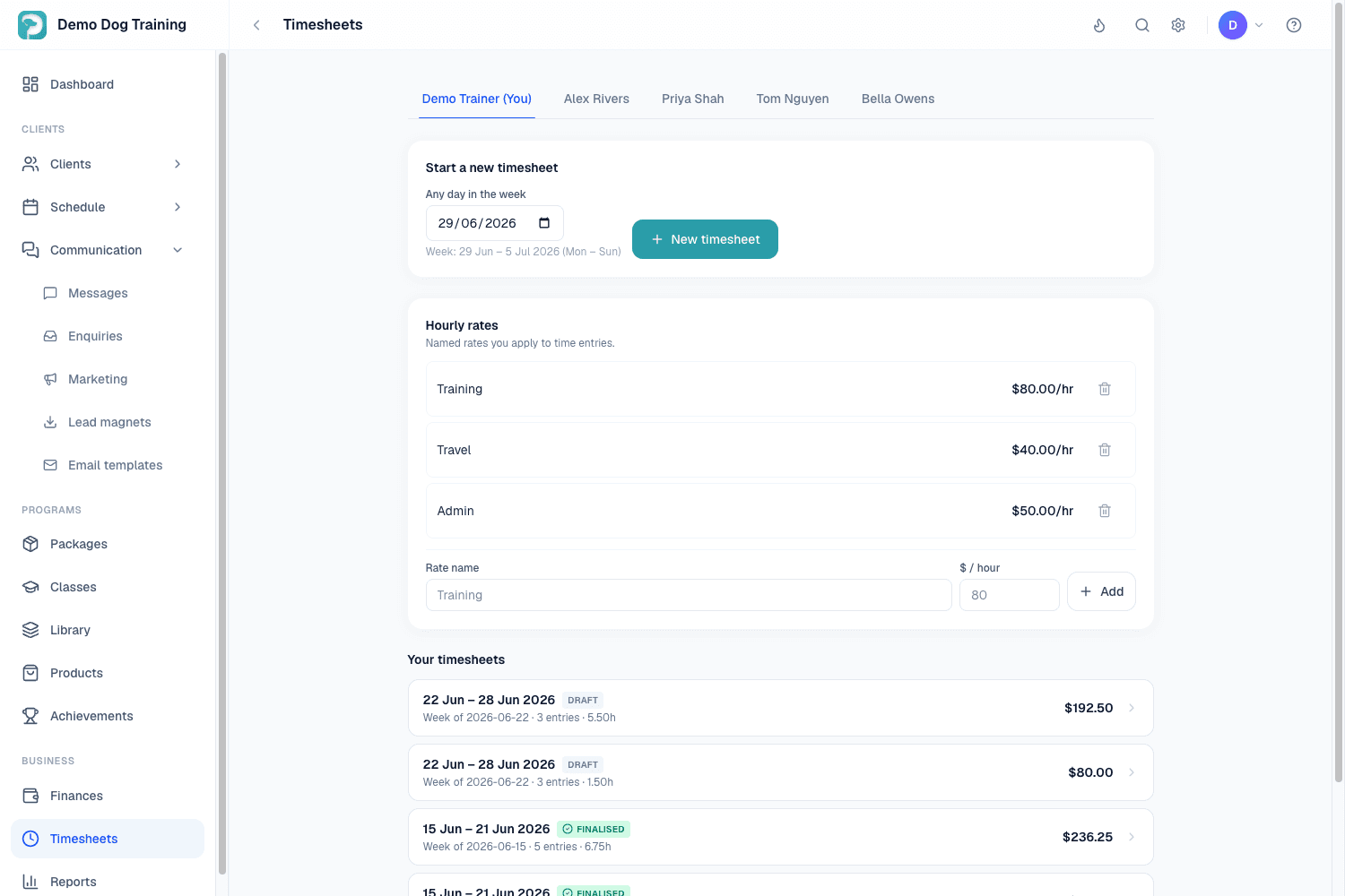 Timesheets: weekly sheets per trainer with named hourly rates