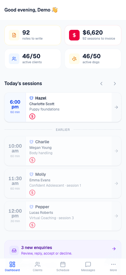 PupManager on a trainer's phone — the same dashboard on the go