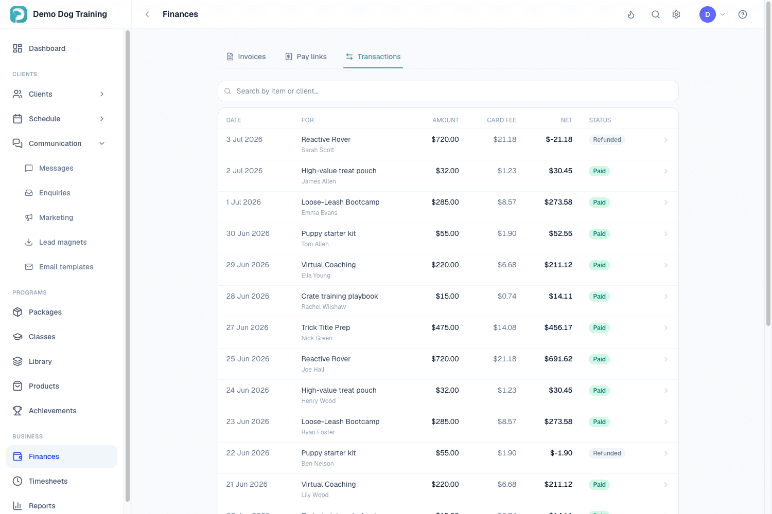 Transactions: card payments with fees and net amounts, paid and refunded statuses