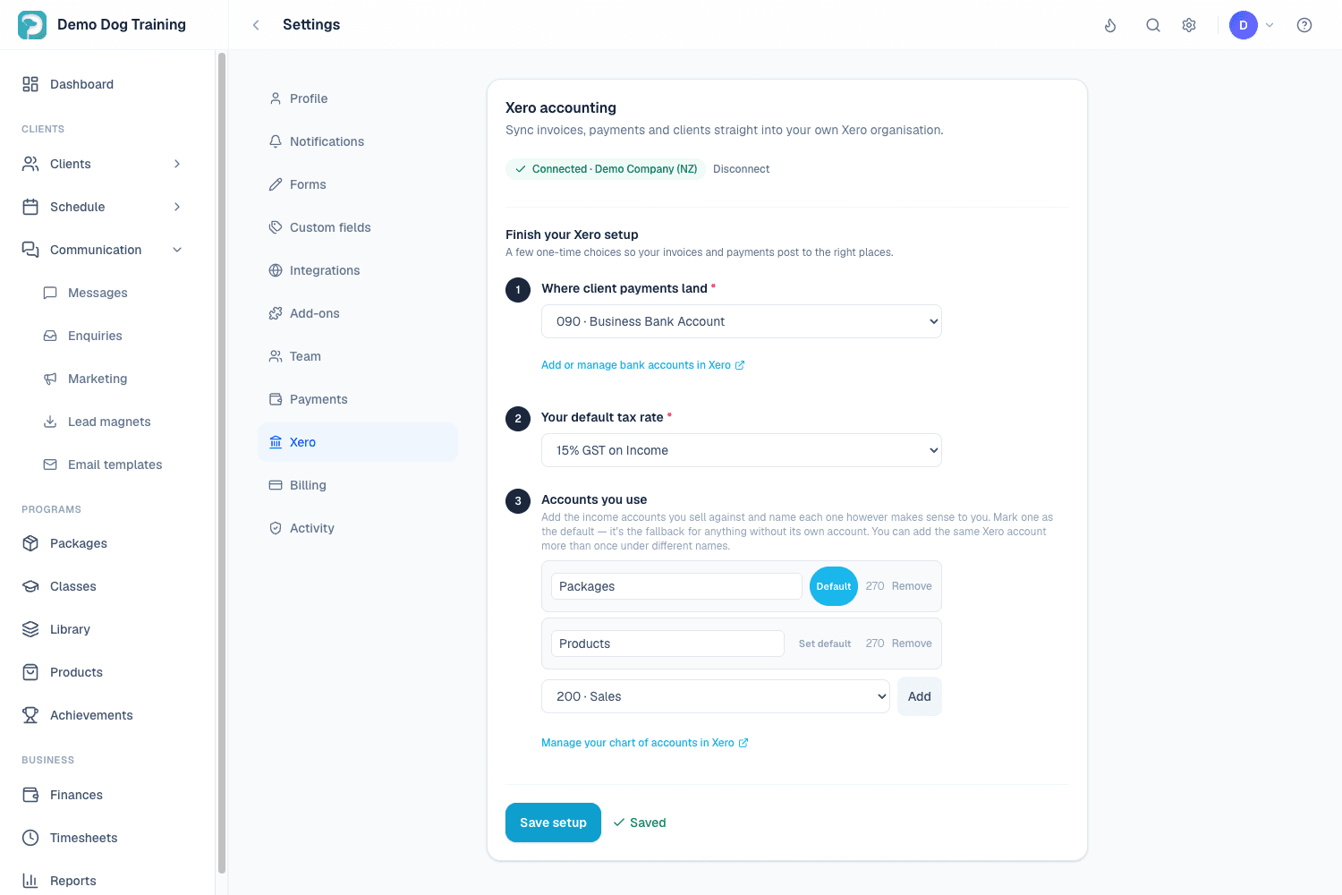 Xero connected to PupManager: bank account, GST rate and income account mapping