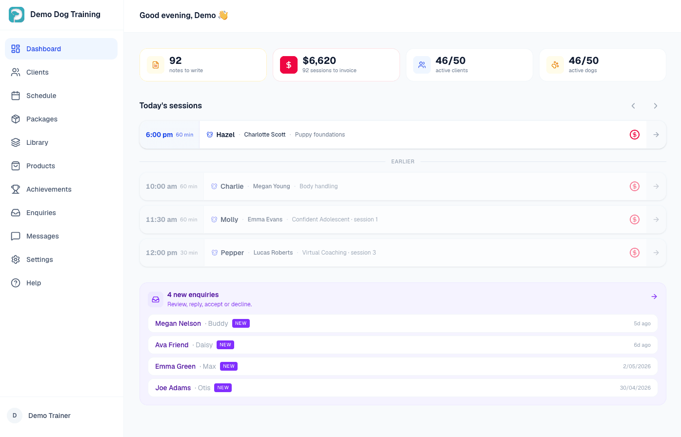 PupManager trainer dashboard — today's sessions, revenue, active clients, and new enquiries inbox