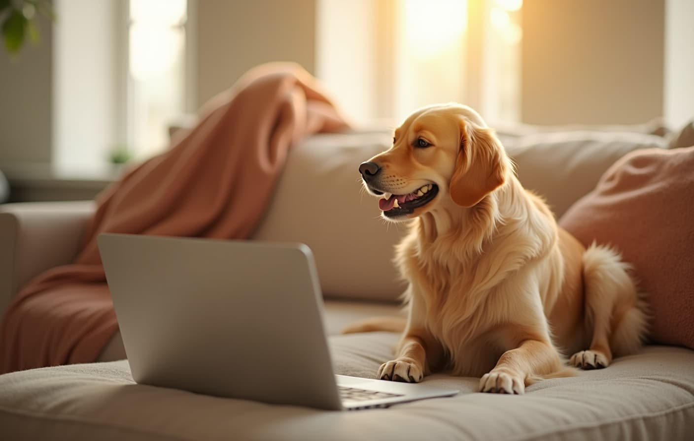 A golden retriever on a cosy couch looking at a laptop