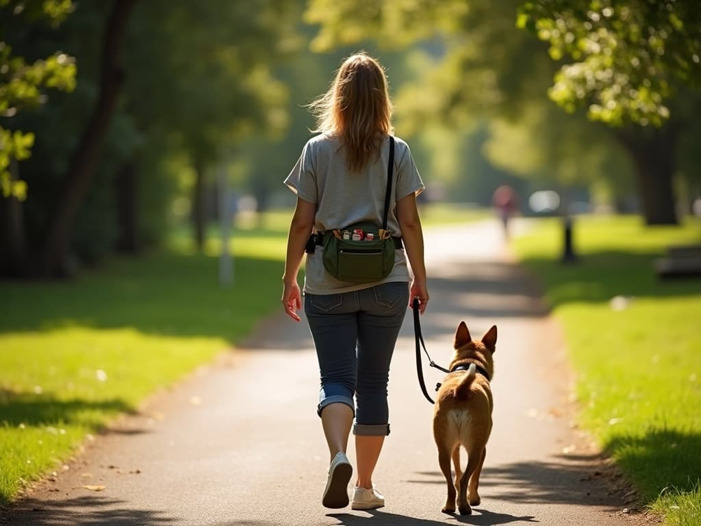 A dog trainer walking a dog in the park, wearing a treat pouch