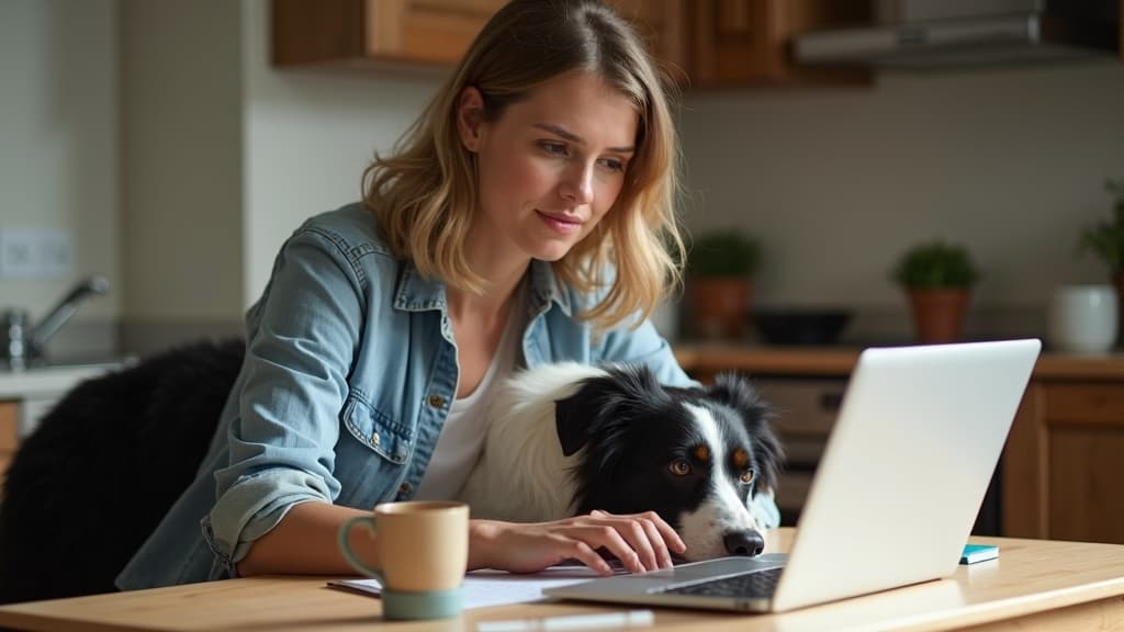 A dog trainer at her kitchen table comparing software options on a laptop, her dog beside her