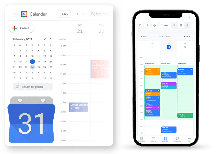 Google Calendar and the PupManager schedule side by side, staying in sync