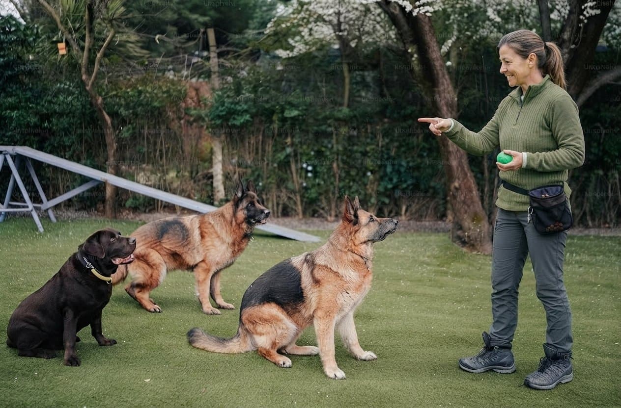 A trainer holding a class of three attentive dogs in a sit-stay on the training field