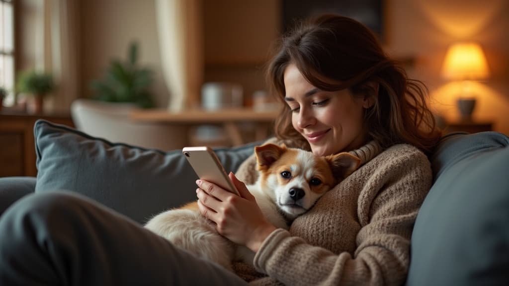 A happy dog owner on the sofa using the app on her phone, her dog snuggled beside her