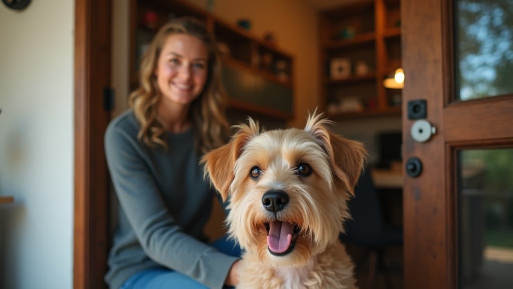 A dog trainer welcoming a new client and their excited puppy at the studio door