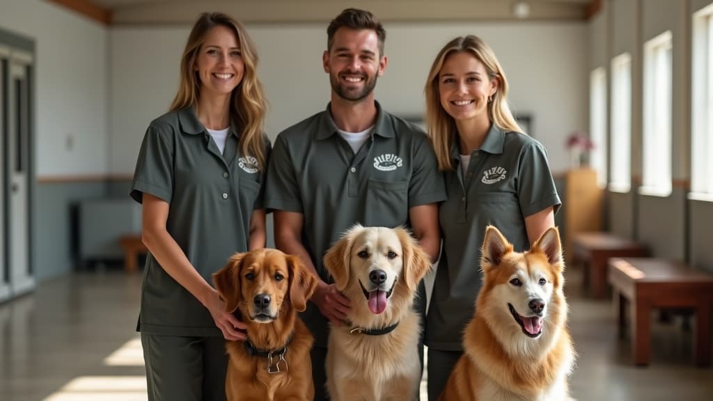 A small team of dog trainers in branded shirts standing together with their dogs at a training hall