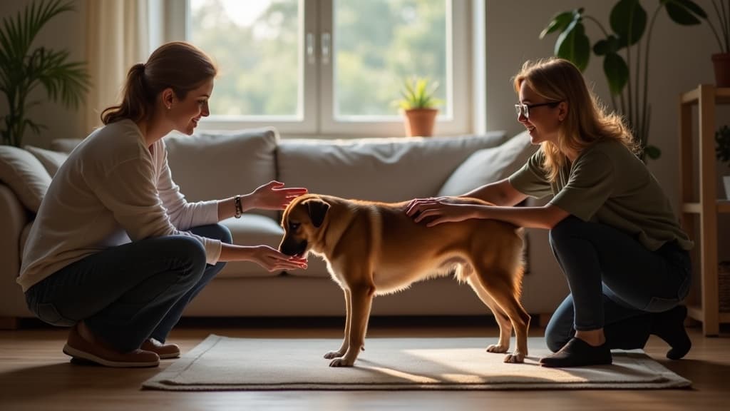 An owner practising a calm mat exercise with her dog while the behaviourist coaches
