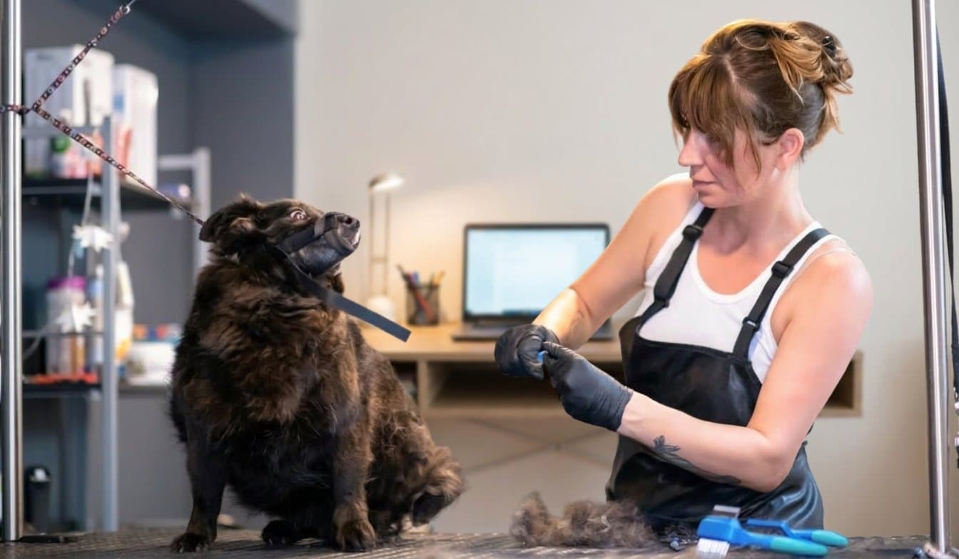 A groomer working on a fluffy brown dog on the table in her salon