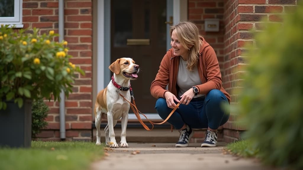 A dog walker clipping a lead on at the front door for the morning pick-up