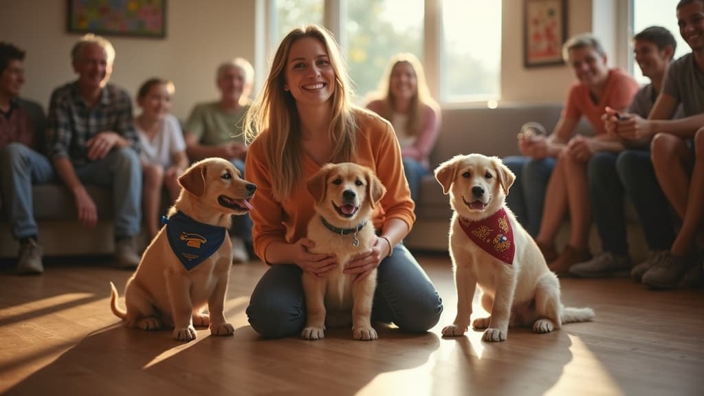 A puppy class graduation: instructor and owners celebrating with puppies in bandanas